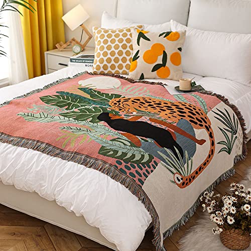LumiSyne Double-Sided Cotton Woven Throw Blanket with Tassel Jungle Bohemian Style Tapestry Shawl Multi-Function Decorative Throws for Sofa Bed Armchair Camping Blanket Tablecloth Carpet 160x130cm - color: Cheetah Girl