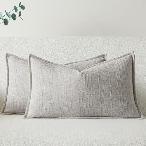 a moment Linen Pillow Covers Set of 2,Boho Farmhouse Throw Pillowcases Neutral Textured Decorative Covers for Couch Sofa Bed, Soft Linen Blend Accent Case Cushion Home Decor 20"x12"Beige Grey - color: Beige Grey, size: 20" x 12" (Pack of 2)