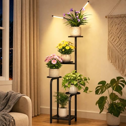 TOSKING 47" Tall 5-Tier Square Iron Plant Stand with Detachable Grow Light ,Heavy Duty Corner Flower Shelf for Indoor Use, Metal Pot Rack for Living Room, Bedroom, Office, Black - color: Black, size: Grow Light