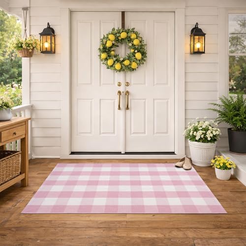 Spring Pink and White Plaid Rug, 3' x 5' Cotton Blend Layered Doormat Rug for Front Door, Hand-Woven Washable Entryway & Porch Decor - color: Light Pink and White, size: 3' x 5'