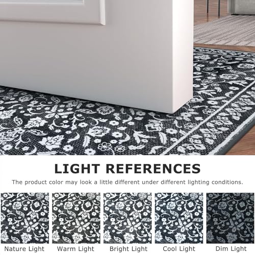 Vintage Entryway Rug Indoor, Charcoal Black White Washable Rug 2x3, Non-Slip Small Area Rug, Floral Print Thin Faux Wool Super Soft Door Mat for Kitchen, Entrance, Bedroom, Office - color: Charcoal Black White, size: 2' x 3' (Rectangular)