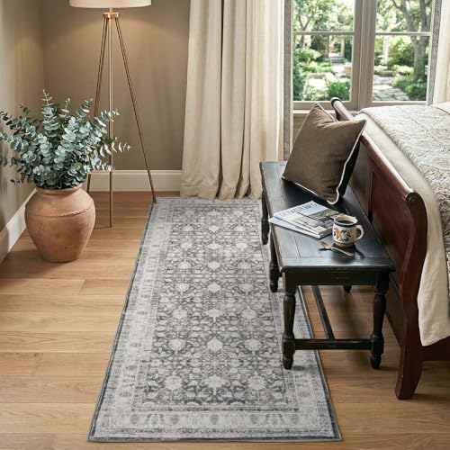 jinchan 2x6 Washable Vintage Runner Rug, Distressed Traditional Floral Kitchen Runner, Soft Low-Pile Non-Slip Floor Mat High-Traffic Aisle Hallway Rug for Entryway Laundry Room Bathroom, Grey - color: Oriental Grey, size: 2' x 6' (Runner)