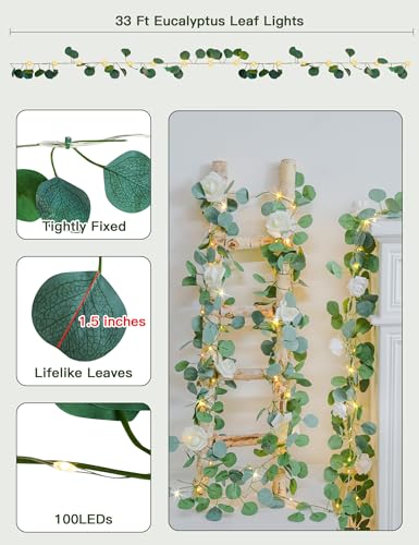 suddus Vines with Lights Battery Operated, 33ft 100 LED Eucalyptus Garland String Lights with Remote, Leaf Lights for Bedroom, Room, Wall, Garden, Party, Wedding Decor (Warm White) - color: Eucalyptus, size: 100 LED-Battery-Copper