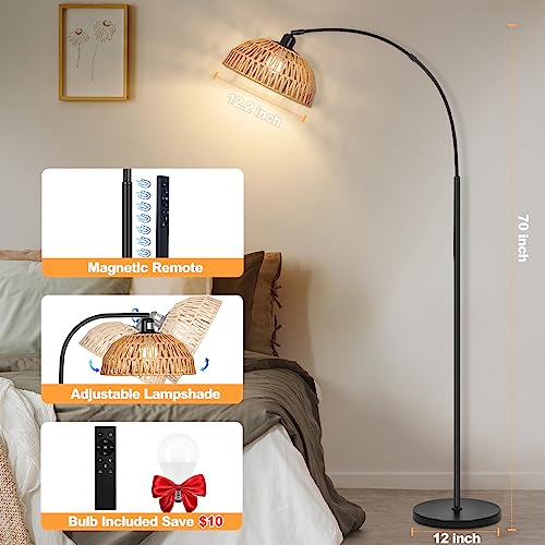 Brilvibera Boho Floor Lamp with Remote- Arc Tall Lamps, Bronze Floor Lamps with Stepless Dimmable Bulb, Hand-Worked Adjustable Rattan Lampshades, Brown Rattan Standing Lamp - style: Bronze Rattan Arc Lamp