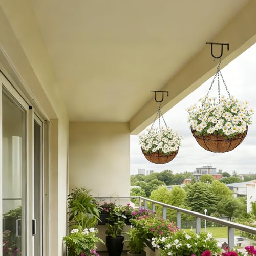 2 Pack 12 inch Metal Hanging Baskets for Plants, Round Metal Wire Hanging Basket Planter with Coco Fiber Liners Chain for Garden Home Porch Patio, Flower Border - size: 12" x 2 Pack, style: Flower Border