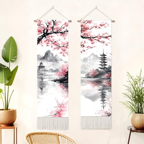 seewan 2 Pack Long Vertical Wall Tapestry, Boho Nature Landscape & Floral Aesthetic Wall Hanging for Bedroom Living Room Home Decor, Long Narrow Art Tapestry with Sunrise Mountain Botanical Designs, 13" × 51" (Blossom Ink Landscape, 13"Wx51"H, Unframed) -