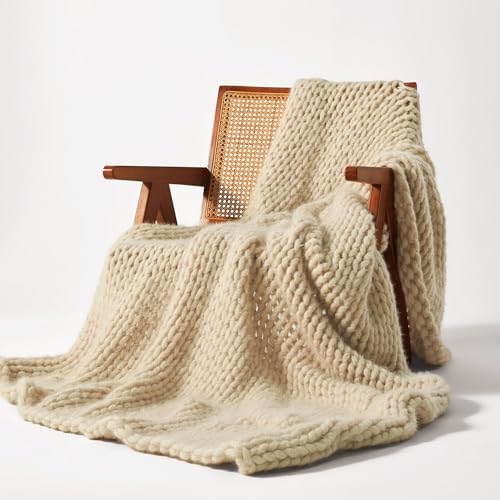 SLEEP ZONE Throw Blanket for Couch - Chunky Knit Hollow Blanket, Throw Blankets for Bed, Handmade Long Plush Cat Yarn, Soft Fluffy Knit Blankets Home Decor (Beige, 50x60in) - color: Beige, size: 50*60