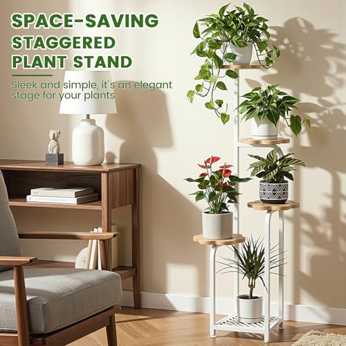 TOSKING 5 Tier Metal Anti-Tip Plant Stand indoor, Wide Base for Pots, Child and Pet Friendly ,Heavy Duty Plant Shelf , Corner Shelf, Flower Pot Stand for Multiple Plants, Indoor Plants Tiered Stand for Living Room Balcony Garden Patio Bedroom (White and W