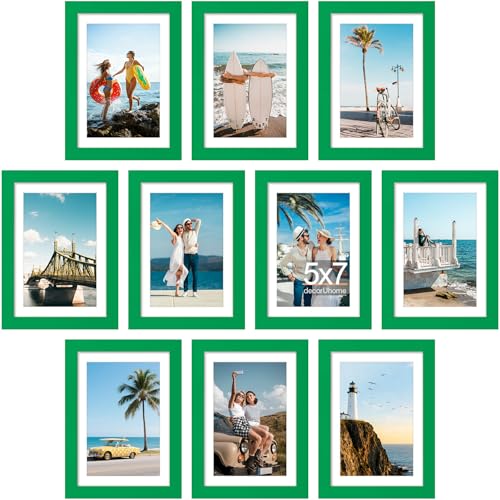 decorUhome 5x7 Picture Frame Set of 10, Display Photos 4x6 with Mat or 5x7 Unmatted for Picture Frames Collage Wall Decor, Green - color: Green, size: 5x7