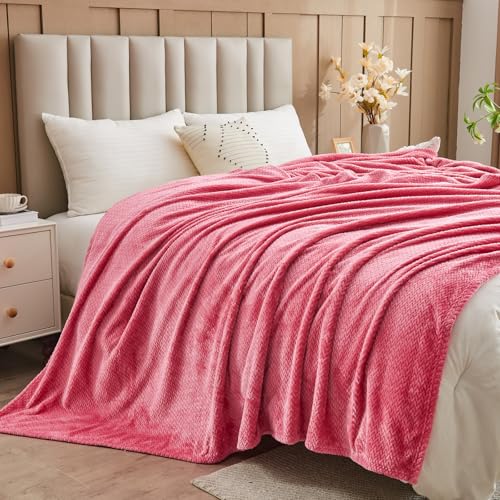NEWCOSPLAY Super Soft Queen Blanket Coral Pink Premium Silky Flannel Fleece Leaves Pattern Lightweight Bed Blanket All Season Use (Coral Pink, Queen(90"x90")) - color: Coral Pink, size: Queen(90"x90")