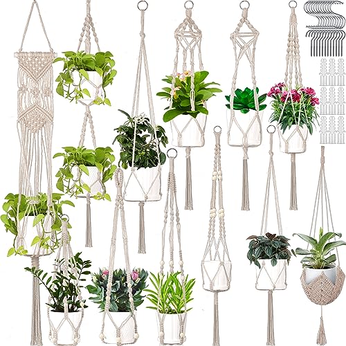 Hoteam 12 Pcs Macrame Plant Hangers Macrame Hanging Planters for Indoor Plants Handmade Boho Hanging Baskets Flower Pots Holder for Outdoor Home Wall Decor - color: White