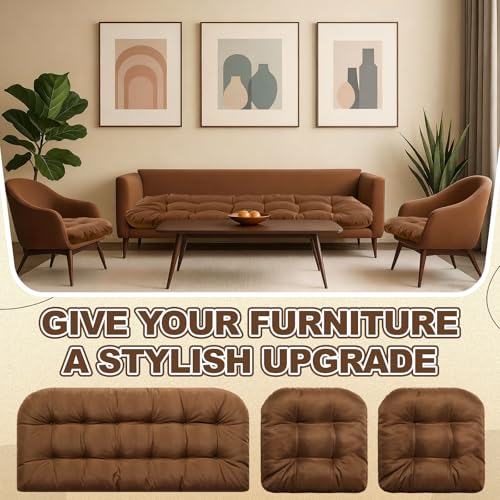 Barydat 3 Pack Wicker Furniture Cushions Waterproof Outdoor/Indoor Tufted Wicker Chair Cushions 1 Loveseat and 2 U-Shape Rattan Chairs for Patio Furniture, Rattan Love Seat, Bench(Brown) - color: Brown