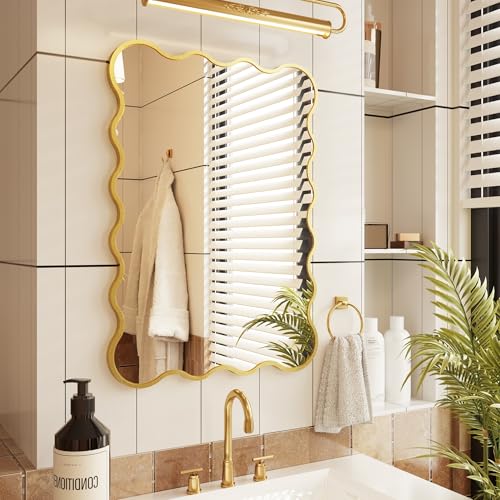 Kelly Miller 22x32 Inch Gold Scalloped Mirror, Large Rectangular Wavy Edge Bathroom Vanity Wall Mirror Decorative for Bedroom Living Room Entryway Fireplace Mantle - size: 32"L x 22"W
