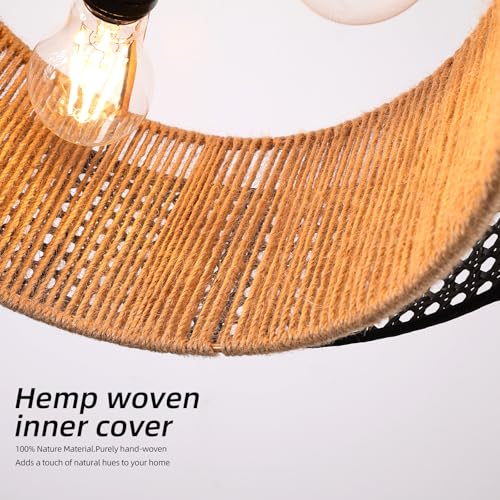 15.7-inch semi-recessed Ceiling Light with a Double-Drum Bohemian Rattan Woven Pendant, Suitable for bedrooms, Living Rooms, Dining Rooms, porches, and Kitchens. - color: 15.7'' Rattan&Hemp rope Black