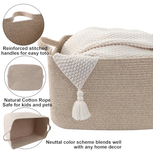 Large Blanket Basket,Woven Rope Basket Storage Bin with Handles,65L Rectangle Laundry Basket for Magazines,Toys,Clothes,Newspaper Shelf Organization,Nursery and Living Room,Brown - color: Brown, size: 21"x16"x12"(65L)