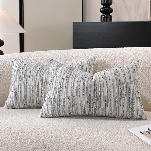 Striped Throw Pillow Covers 20x12 Set of 2 Gray Textured Boucle Chic Morden Boho Accent Farmhouse Decorative Chenille Pillow Covers for Home Decor Bed Sofa Living Room - color: Gray, size: 20" x 12" (Pack of 2)
