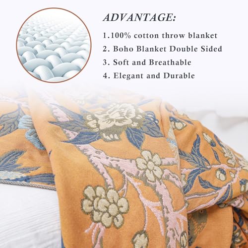 Snycler Boho Throw Blanket for Bed - 100% Cotton Ultra Soft Rustic Quilt Blanket Orange Bird Floral Printed Farmhouse Decor Bed Blankets, 80"×90" All Season Rustic Throw for Sofa Couch Chair - color: Orange Bird Floral, size: 80"x90"