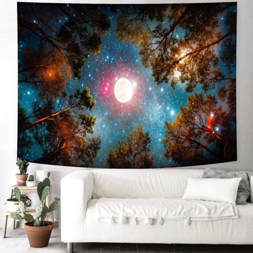 Delur Forest Tapestry Galaxy Moon Stars Night Space Starry Sky Wall Hanging Tapestry Aesthetic Tree Nature Landscape Psychedelic Headboard for Bedroom Living Room Home Decor (70.8" x 92.5") - color: Moon Forest, size: 70.8"L x 92.5"W