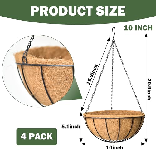 4 Pack 10 Inch Hanging Baskets for Plants Outdoor Metal Hanging Planter Basket with Coco Coir Liner Hanging Flower Baskets Hanging Flower Pots Holder for Garden, Patio(Watermelon) - size: 10 Inch, style: Garden