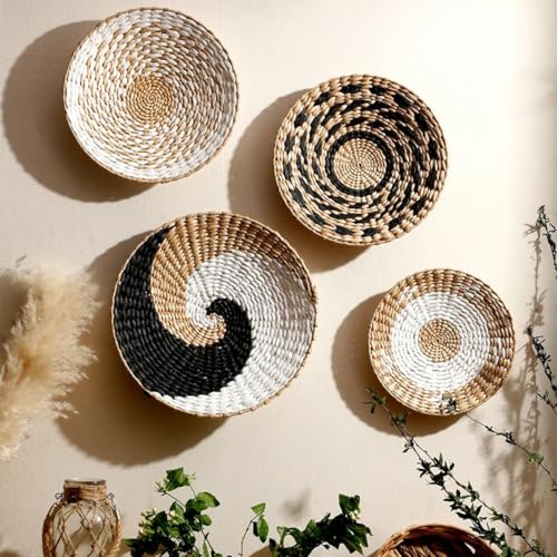 homeemoh Boho Round Hand Woven Wall Basket Decor, Seagrass Rattan Wicker Farmhouse Hanging Baskets Flat Wall Art for Kitchen Living Room Bedroom, 1 Pcs 11.81" - color: Style4( 11.81")