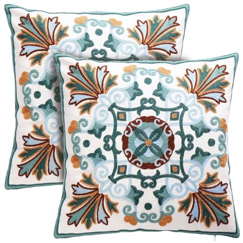 Onelsong Decorative Throw Pillow Covers for Couch Living Room 18x18 inches Set of 2 Embroidery Square Boho Throw Pillows Cover for Sofa Chair Bed - color: 2pk-teal&blue&tan