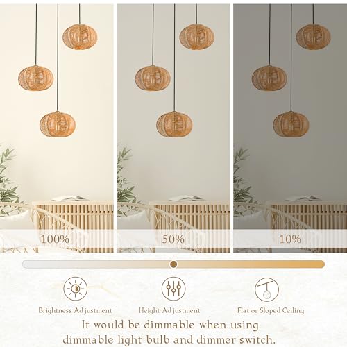 12" Boho Natural 3-Light Boho Chandeliers for Kitchen Island Hand-Woven Boho Rattan Chandeliers Dimmable Adjustable Hanging Chandelier for Dining Room Living Room Hallyway（Bulb Incl. - color: 11.8" Natural 3-Light