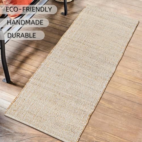 Jute Cotton Area Runner 2x6 ft - Rectangle Hand Woven Natural Farmhouse Rug for Living Room, Bedroom Kitchen - Rustic Vintage Bohemian Eco-Friendly Home Décor Natural Boho Rugs - size: 2' x 6' (Rectangular)