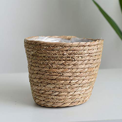 Seagrass Basket Planter, Flower Pot Cover, Storage Basket, Plant Container, Hand Woven, Plastic Liner, Beige, 7 Inch, Indoor/Outdoor