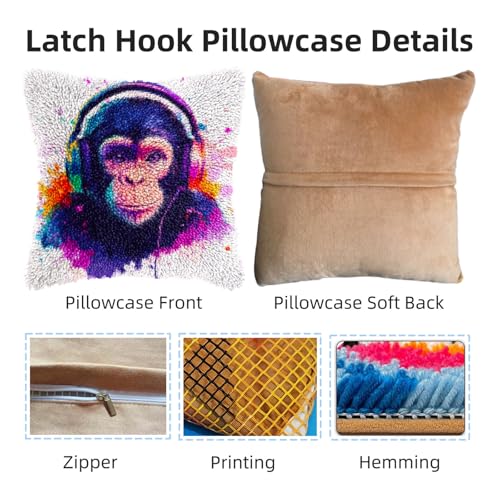 DIY Latch Hook Pillow Kits Watercolor Monkey Printed Pillowcase Crochet Yarns Hooking Handmade Pillow Cover Cushion for Home Sofa Decoration 17x17inch-1 - color: 07-Monkey