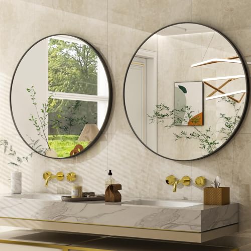 30 Inch Round Bathroom Mirror - Black Wall Mounted Circle Mirror with Metal Frame, Modern Round Hanging Mirror Suitable for Bathroom, Vanity, Entryway, Living Room - color: Black, size: 30"L x 30"W