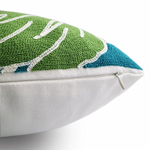 Embroidery Throw Pillow Cover Tropical Leaves 18x18 Inches Decorative Floor Pillow Cover for Couch 100% Cotton Cushion Cover Pillow Case Full Size Monstera Leaf Embroidered, Green, 1 Piece - color: Green 4 Mc