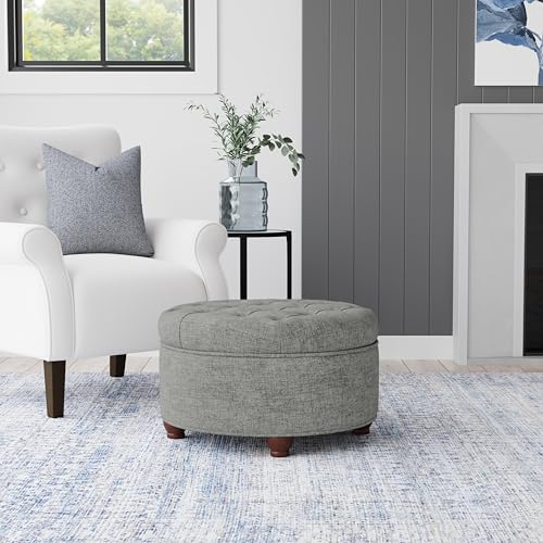 HomePop 25" Button Tufted Round Storage Ottoman - Gray Woven - color: Gray Woven
