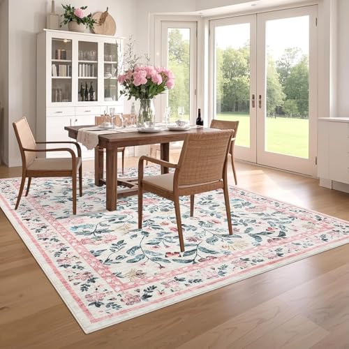 GarveeHome Floral Washable Rug 4x6, Non-Slip Low Pile Botanical Carpet, Vintage Farmhouse Area Rug for Bedroom Nursery Kids Room Home Decor, Pink - color: Pink, size: 4' x 6' (Rectangular)