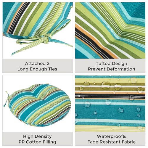 Bistro Chair Cushions 15 inch,Set of 2,Tufted Round Chair Cushions with Ties,15"x15"x4",Water Resistant Round Seat Cushion for Barstool Chairs,Patio Garden Kitchen Outdoor Furniture(Green Stripe) - color: Green Stripe, size: 15"x15"