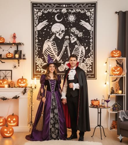 Tichgeim Skeleton Lovers Black and White Tapestry Wall Hanging, Gothic Witchy Lovers Skull Vertical Tapestries, Sun and Moon Flowers Card Wall Decor for Bedroom Living Room 51n × 60in - color: Gothic Lovers Tapestry, size: 60"L x 51"W