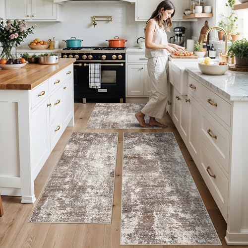 3-Piece Kitchen Rug Set with Runner – Non-Slip Washable Small Kitchen Mats for Floor, Sink & Entryway – Soft Boho Throw Area Rugs for Kitchen Decor (Brown Beige, 2x3+2x4+2x5) - color: Brown Beige, size: 2x3+2x4+2x5