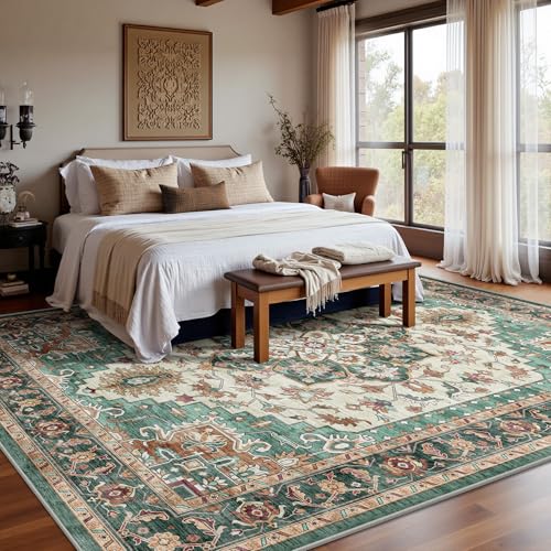 8x10 Area Rugs for Living Room - Washable Rug Vintage Distress Boho Medallion Rugs for Bedroom, Soft Non-Slip Backing Low Pile Carpet for Dining Room Office Nursery Dorm Home, Green Brown - color: B-green Brown, size: 8' x 10' (Rectangular)