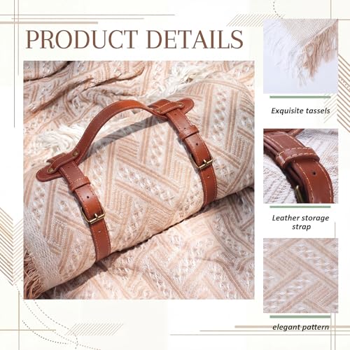 Frienda 70 x 120 Inch Extra Large Brown Outdoor Picnic Blanket Woven Cotton Yarn Blanket with Fringe and Leather Storage Strap Boho Decor for 8 to 12 Camping Lawn Wedding Photoshoot Beach Park Grass - color: Brown, size: 70 x 120 Inch
