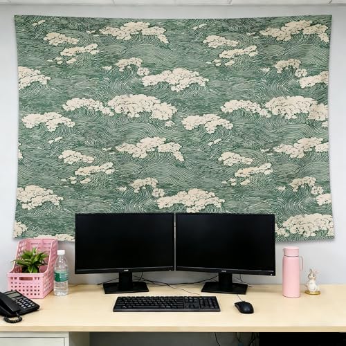 gsgfdshf Abstract Japanese Green Ocean Coral Wall Tapestry, Vintage Japanese Inspired lined Art Coastal Aesthetic Tapestry Wall Hanging for Bedroom Living Room Home Decor, 50x60 Inch - color: Landscape Text-Tapestry-J