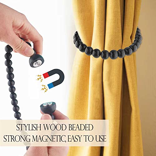 Black Curtain Tiebacks Magnetic 2 Pack: Strong Magnets Closure, Wood Bead Curtain Tiebacks Holders, Drapery Tie Backs Magnetic Curtain Holdbacks for Boho Farmhouse Home Office Room Nursery Decor - color: Black