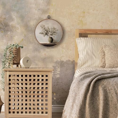 Lengues Vintage Olive Branch Round Wall Art, Pottery Still Life Round Wall Decor, Neutral Modern Organic Canvas Framed Art Prints, Cottagecore Olive Tree Hanging Frame for Home Room Decor 10x10 Inch