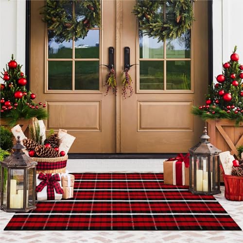 KIMODE Christmas Door Mat Outdoor 24"X51",Red/Black Buffalo Plaid Rug,Washable Cotton Hand-Woven Layered Door Mats,Reversible Outdoor Christmas Decor for Front Porch,Entryway,Kitchen - color: Christmas Red, size: 2' x 4'3" (Rectangular)