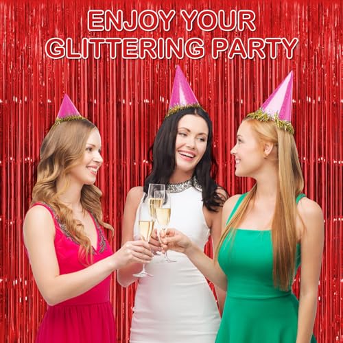 30 Pack Red Foil Fringe Curtain Backdrop, 3.3x8.2 Feet Metallic Tinsel Streamer Curtains Photo Booth Props for Wedding/Anniversary/Bridal Shower/Christmas/New Year/Valentine's Day Party Decorations - color: Red