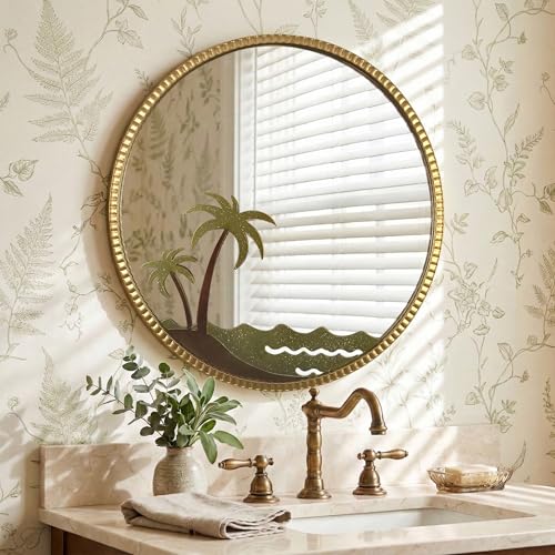 Round Gold Wall Mirror 32" – Decorative Metal Frame Wall Mirror with Tropical Coconut Tree, Beaded Coastal Accent Mirror for Living Room, Bedroom, Bathroom, Beach House - color: Coconut - 32"l X 32"w