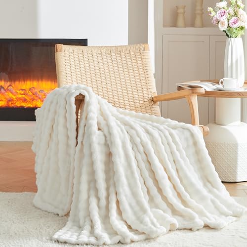 3D Bubble Plush Blanket Textured Fleece Throw Soft Warm Cozy Blanket Couch Bed Throw Snow White 50x60 Inches - color: Snow White, size: Throw(50"x60"）