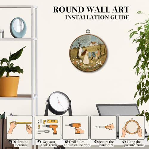 JUIOEIU Vintage Rustic Farmhouse Round Wall Decor, Cottagecore Laundry Day Framed Canvas Prints, Country Landscape Wall Art Hanging Decorations for Bathroom Washroom Laundry Room Decor, 10x10in - color: Laundry room05