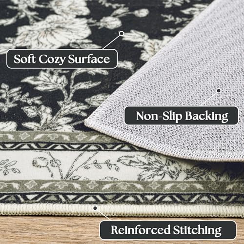 Black Floral Rug 5x7 Machine Washable Area Rug for Living Room Vintage Boho Farmhouse Low Pile Distressed Carpet for Dining Room, Bedroom Indoor Non-Slip Black Beige Taupe Flower Design Home Decor - color: Sketch Floral Black, size: 5' x 7' (Rectangular)