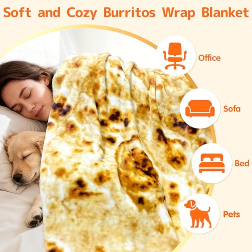 CASOFU Burritos Tortilla Throw Blanket, Double Sided Giant Flour Novelty Blankets for Your Family, 285 GSM Soft and Comfortable Flannel Taco Blanket.(Yellow, 47 inches) - color: Yellow, size: 47 inches