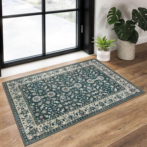 KUTA Vintage 2x3 Rugs for Entryway, Non-Slip Washable Kitchen Area Rug & Indoor Door Mat with Floral Print, Green Beige Ultra Thin Soft Low-Pile Throw Rug for Front Door, Bedside, Small Spaces - color: Green Beige, size: 2' x 3' (Rectangular)