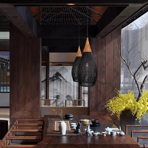 Rattan Pendant Light Wood Black Wicker Ceiling Hanging Lamp Bamboo Chandelier Farmhouse Vintage Rustic Cage Dome Pendant Lighting for Dining Room Table Kitchen Island Living Room Bedroom